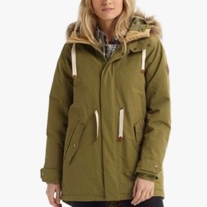 Burton Saxton Snowboarding Jacket Parka L Faux Fur Puffer Collar Olive Green
